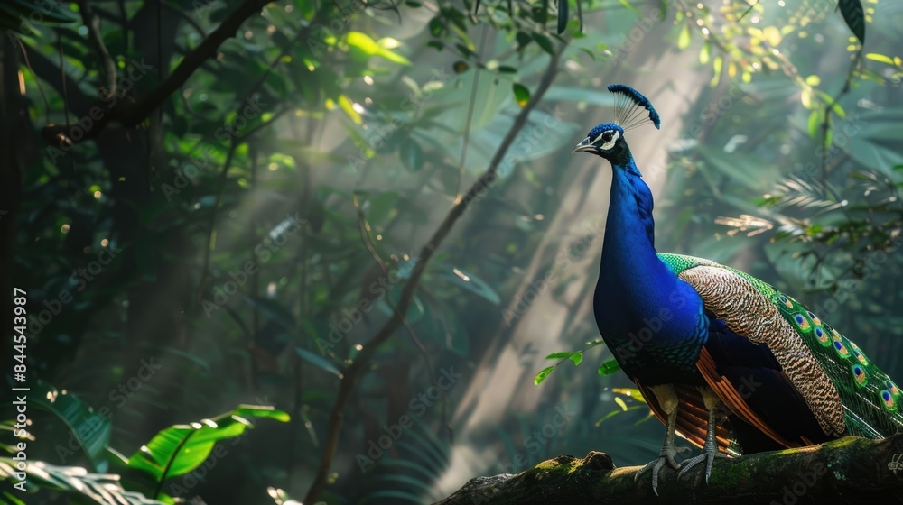 Obraz premium Vivid Peacock Displaying its Feathers in Lush Jungle - Majestic Wildlife Photography with Fujifilm X-T4 50-140mm Lens