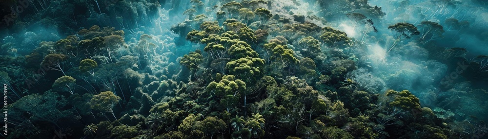 Fototapeta premium Aerial view of lush, misty rainforest canopy with dense green foliage, highlighting the natural beauty and biodiversity of the environment.