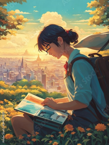 Illustration of a girl who loves traveling, carrying a suitcase, reading a travel guide in anime, watercolor and cartoon style.