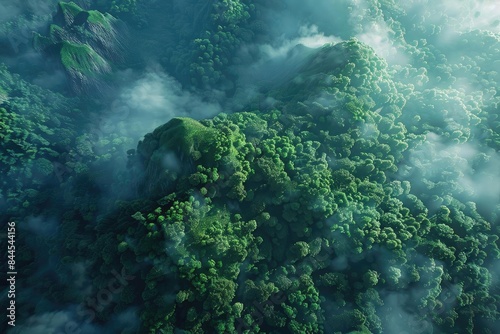 Aerial view of a lush green forest with mist and clouds enveloping the treetops, creating a serene and mystical natural landscape.