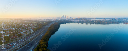 Perth Aerial Panoramic View Over Lake Monger on Misty Morning photo