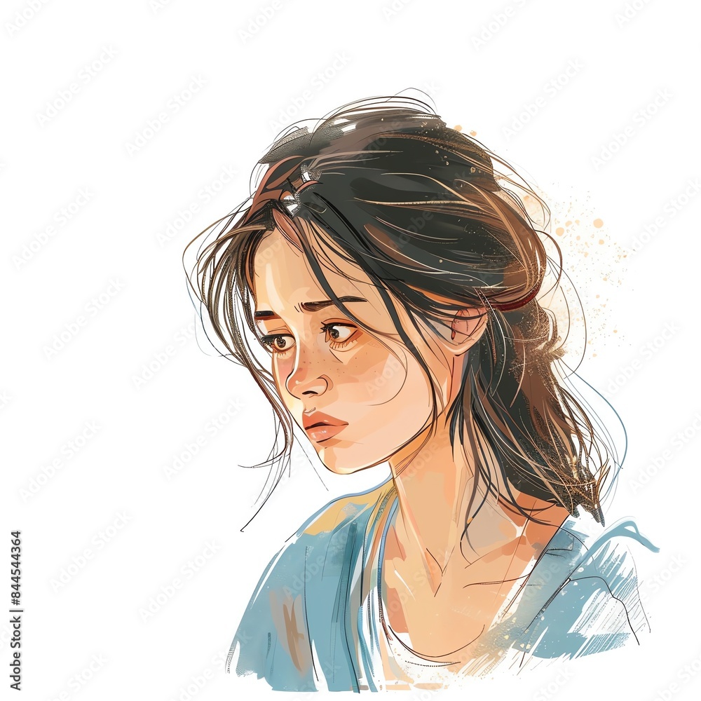 Beautiful digital illustration of a thoughtful young woman with tousled hair and a soft expression, showcasing artistic talent and emotion. Beautiful digital illustration of a thoughtful young woman with tousled hair and a soft expression, showcasing artistic talent and emotion.