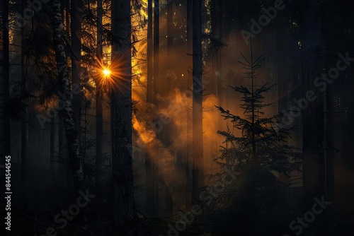 Sunset in a misty forest with rays of light streaming through the trees, creating a mystical and serene atmosphere.