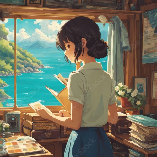 Illustration of a girl who loves traveling, carrying a suitcase, reading a travel guide in anime, watercolor and cartoon style.