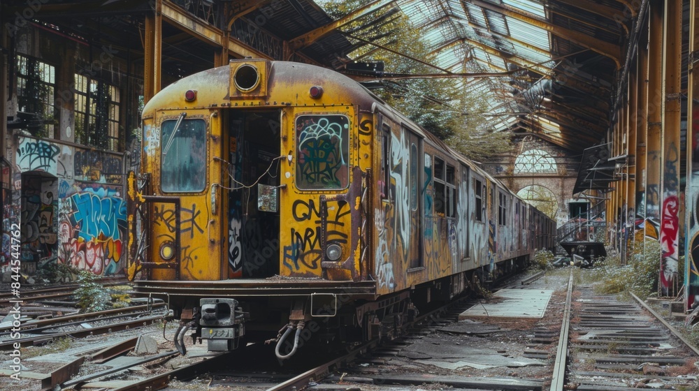 Obraz premium A yellow train with graffiti on it sits on the tracks