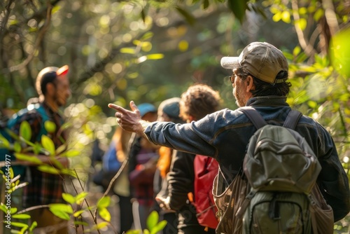 A guide leading a nature walk pointing out flora and fauna to a group of attentive ecotourists