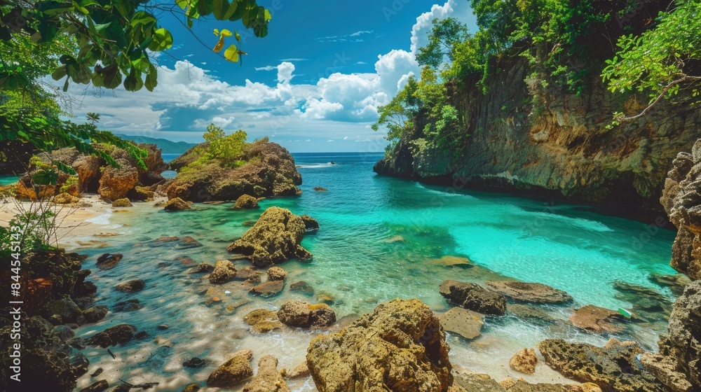 Serene Secluded Cove: Tropical Beach Paradise with Rocky Cliffs and Colorful Coral Reefs, Sony A7R III Photography