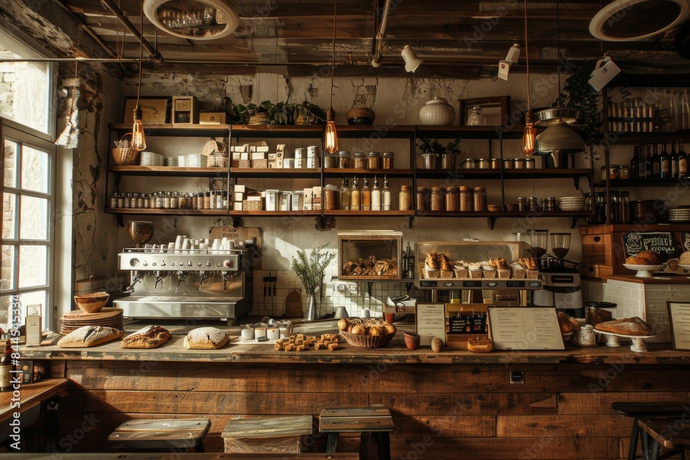 A rustic coffee shop with a wooden counter and shelves full of baked goods A rustic coffee shop with a wooden counter and shelves full of baked goods