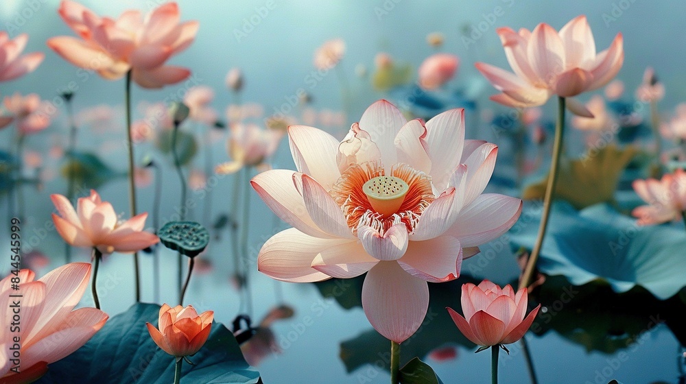 Obraz premium A cluster of pink lilies bobbing on a water surface surrounded by nearby lily pads