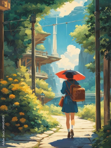 Illustration of a girl who loves traveling, carrying a suitcase, reading a travel guide in anime, watercolor and cartoon style.