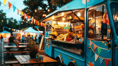 Food truck serving diverse cuisine at a cultural festival, with a festive blue decor and lively evening ambiance.