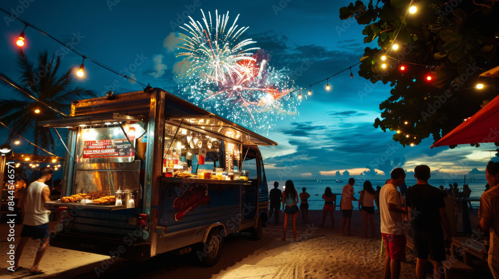 Obraz premium Food truck adorned with holiday decorations with popular street food on beach party. Evening lights and vacation tropical celebration atmosphere.