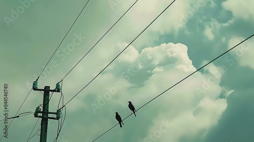 Power Transmission Lines of Electricity. Scenic Footage with some birds sitting on the wire of electricity