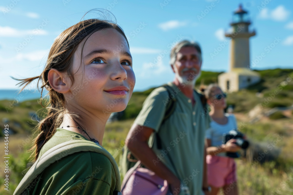 Family tourists on a sunny coastal walk towards a lighthouse. National lighthouse day Family tourists on a sunny coastal walk towards a lighthouse. National lighthouse day