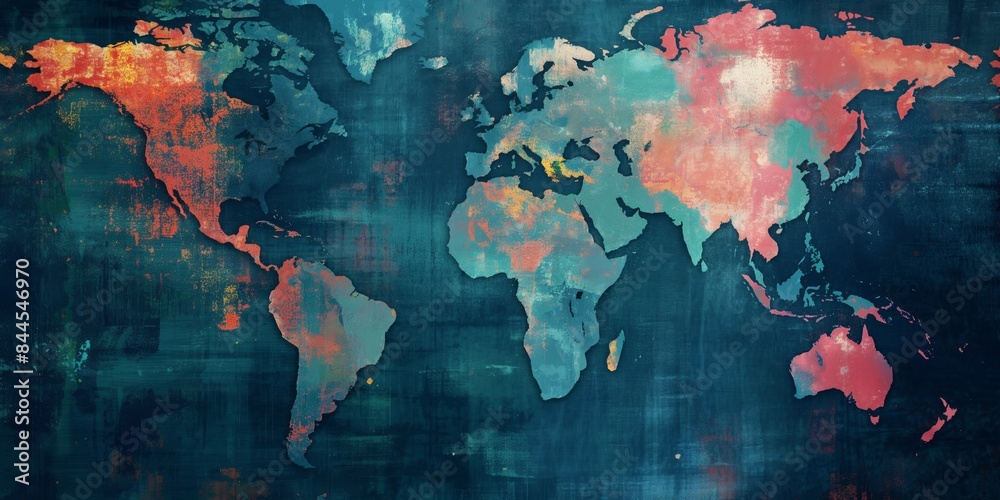 Obraz premium A colorful and artistic representation of the world map, done in an abstract watercolor style, capturing the diversity and vibrancy of various continents and regions.
