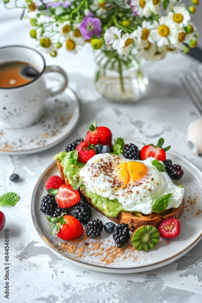 Avocado Toast Breakfast with Coffee on a background of fuzzy flowers. Avocado Toast Breakfast with Coffee on a background of fuzzy flowers.