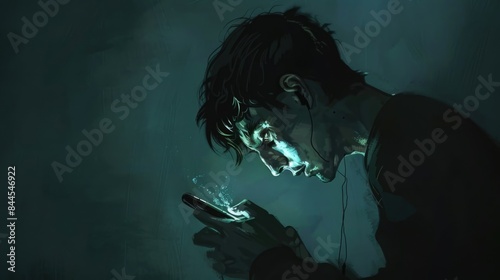 Cell phone addiction concept. Man hold smart device. Social media like obsession. Online communication problem. Person watch mobile gadget screen. Art illustration. Cyberspace internet network.