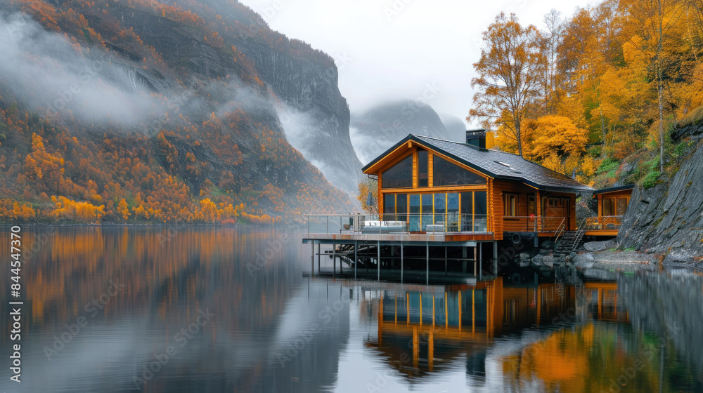 Scandinavian house in remote area near the lake of fjord, beautiful autumn, perfect retreat Scandinavian house in remote area near the lake of fjord, beautiful autumn, perfect retreat