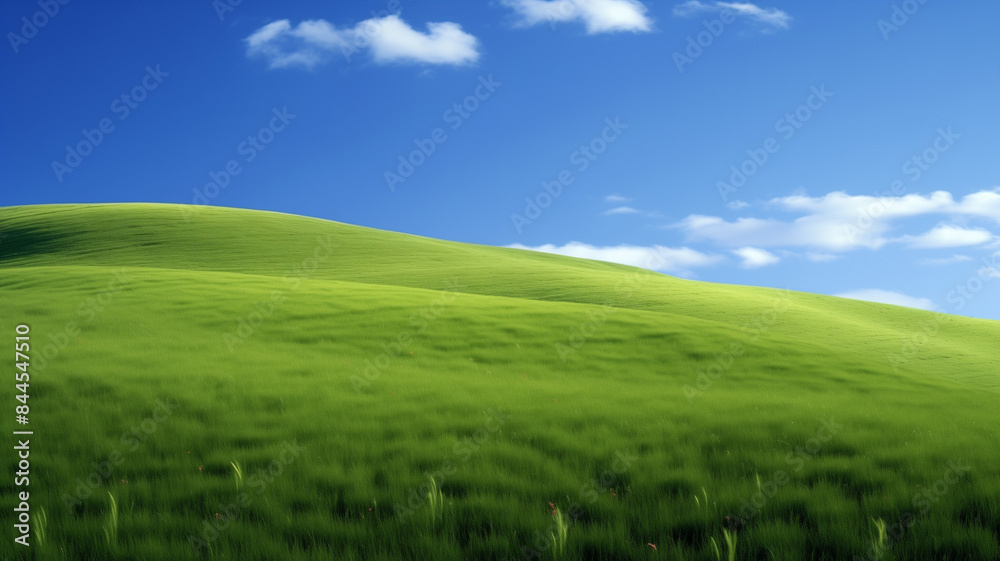 Nature landscape with green meadows, blue sky with clouds and mountains in the background. classic green landscape, Generative AI Nature landscape with green meadows, blue sky with clouds and mountains in the background. classic green landscape, Generative AI