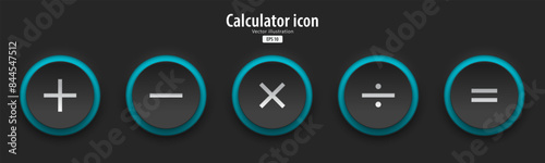 A set of black round buttons with calculator symbols. Add icon, minus, multiply, divide, equal. 3D Neumorphism design style for Apps, Websites, Interfaces, and mobile apps. UI UX. Vector illustration.