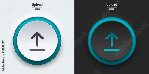 Upload sign. A set of black and white push buttons with upload symbols. Upload icon. 3D Neumorphism design style for Apps, Websites, Interfaces, and mobile apps. UI UX. Vector illustration.