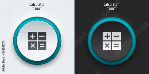 Calculator sign. A set of black and white round buttons with calculator symbols. 3D Neumorphism design style for Apps, Websites, Interfaces, and mobile apps. UI UX. Vector illustration.