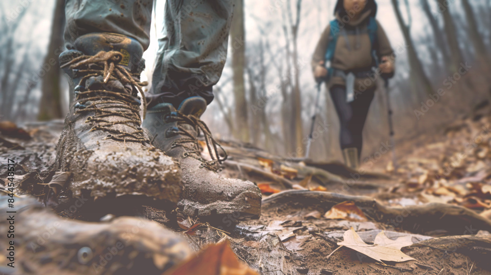 A vivid capture of a hiker’s muddy boots on an autumnal forest trail