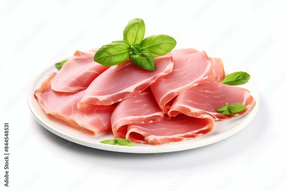 Sliced italian prosciutto ham garnished with green basil leaves on a white plate, isolated on white background Sliced italian prosciutto ham garnished with green basil leaves on a white plate, isolated on white background