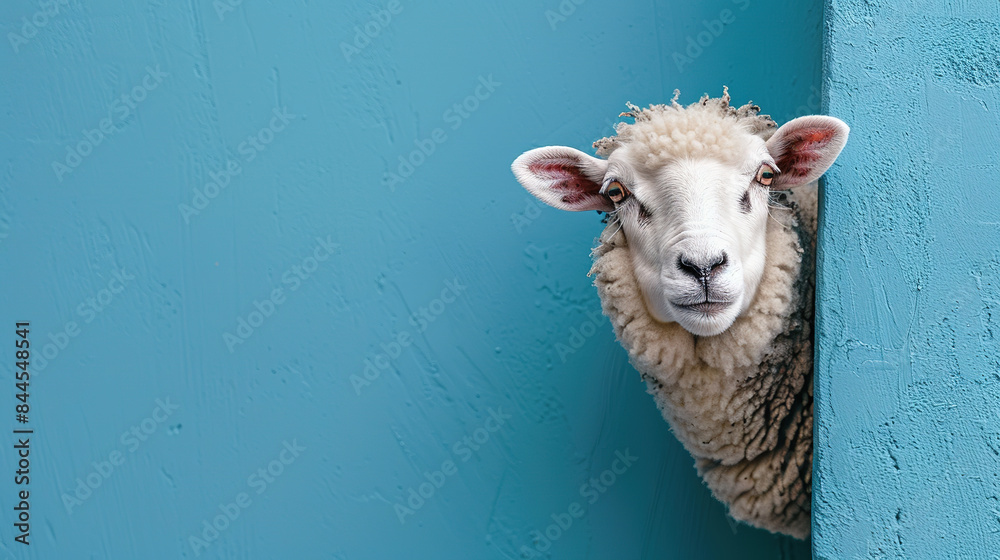 Sheep Corner Cute sheep peeks out from behind a corner on a blue background. Farm ...
