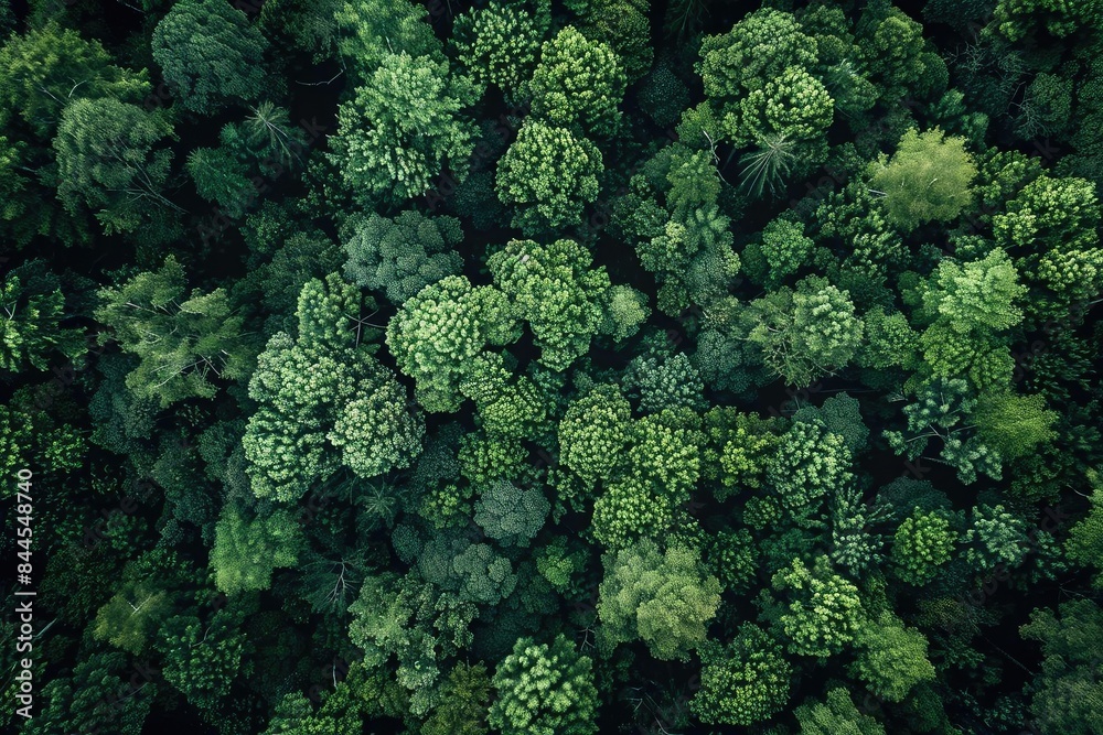 Aerial view of lush green forest canopy. Dense greenery of various tree species creating a vibrant natural landscape from above.