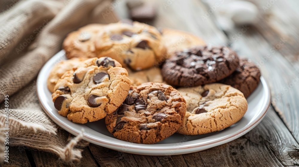 Bakery cookies and biscuits on a wooden background served on a white ceramic plate Bakery cookies and biscuits on a wooden background served on a white ceramic plate