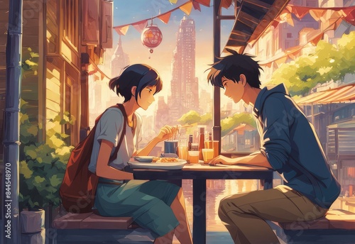 an Indian boy and girl discussing with each other while smiling kindly in a city with anime and cartoon style
