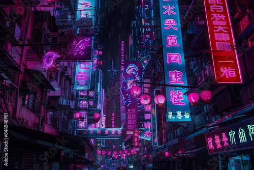 Neon signs and holograms pop out in 3D amidst a cyberpunk city at night, blending with vivid flat murals.