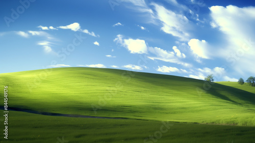 Nature landscape with green meadows, blue sky with clouds and mountains in the background. classic green landscape, Generative AI