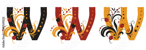 The letter W in the old Russian style in three versions with beautiful curls. Traditional Russian floral motifs. For monogram, invitations, wedding, decoration.