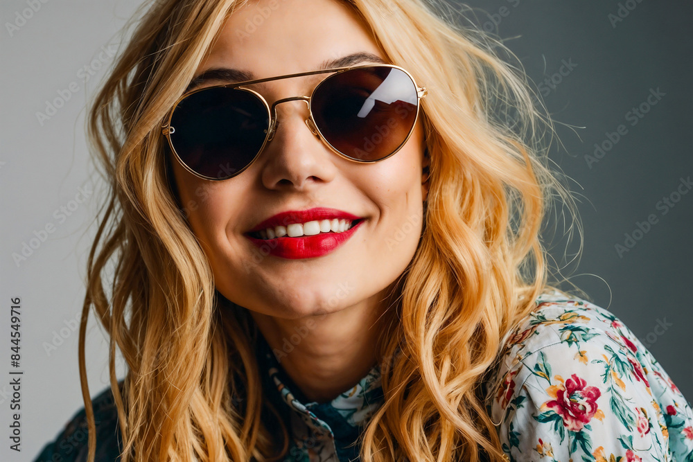 Sunshine & Confidence: A Smiling Blonde Stuns in Sunglasses & Red Lips