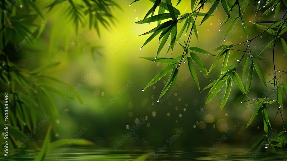Obraz premium Serene bamboo forest with lush green leaves and glistening water droplets, offering a tranquil and natural atmosphere.
