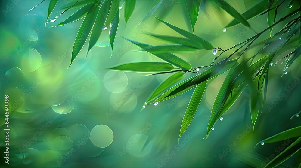 Obraz premium Beautiful green bamboo leaves with dewdrops on a blurred bokeh background, creating a serene and tranquil nature scene.