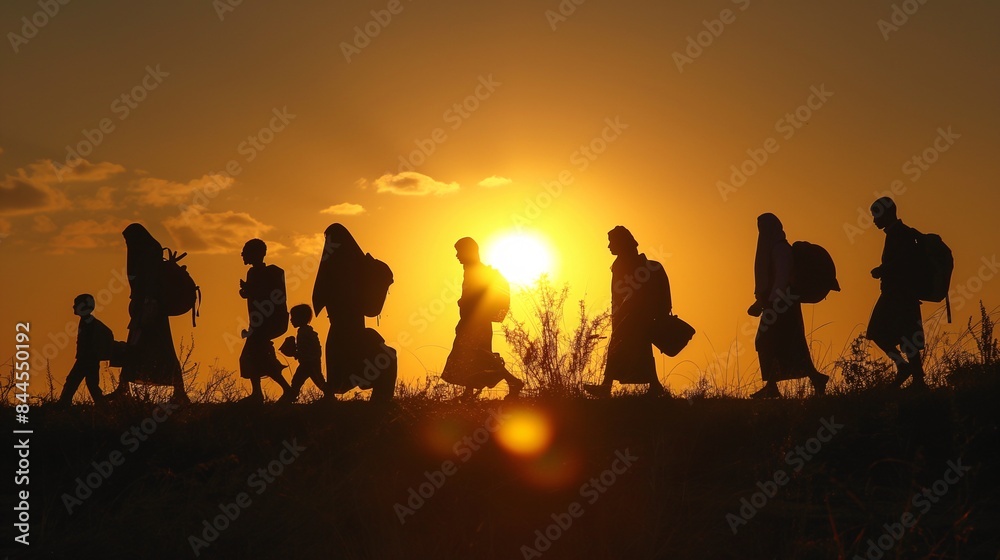 A captivating image of refugees standing together at sunrise, creating a silhouette effect. 