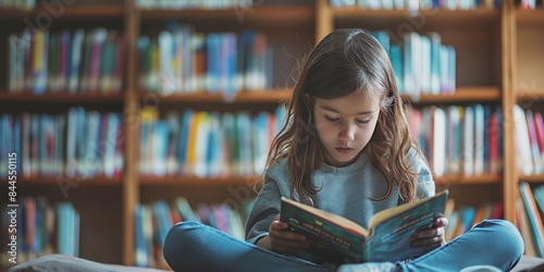 A young girl sits cross-legged, engrossed in reading a book, in a cozy library with shelves filled with numerous books illuminating the background. photo