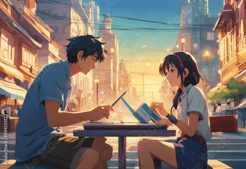 an Indian boy and girl discussing with each other while smiling kindly in a city with anime and cartoon style