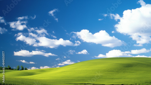 Nature landscape with green meadows, blue sky with clouds and mountains in the background. classic green landscape, Generative AI