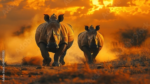 Two rhinos running in the wild, one of which is larger than the other