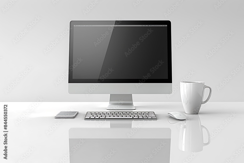 A minimalist white home office setup with a computer, keyboard, mouse, smartphone, and a cup of coffee on a desk.