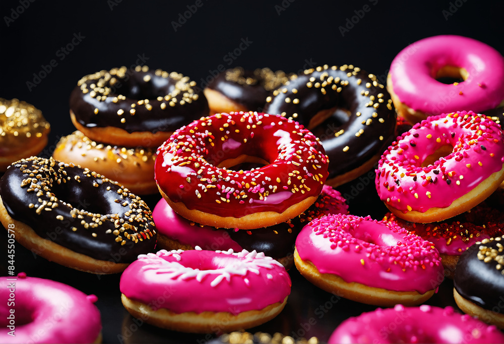 Sweet donuts, glazed and sprinkled. Black background National Donut Day. Banner, poster, background. Near view, top view. With copy space.