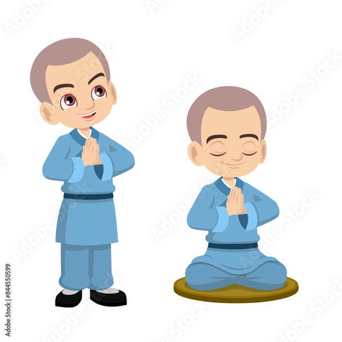 Cute little Shaolin monk sit cross-legged meditation and praying 