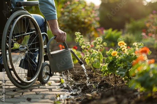 Wheelchair User Watering Plants, Emphasizing Accessibility and Eco-Friendly Practices