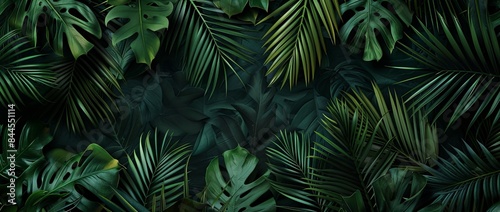 Elegant Dark Green Seamless Pattern with Fine Line Palm Leaves  Tropical Tranquility and Beauty