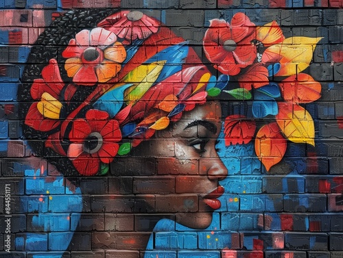 Vibrant street art of a woman with colorful flowers in her hair, painted on a brick wall. photo