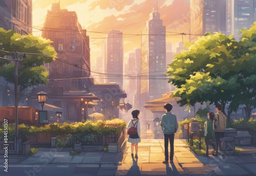 an Indian boy and girl discussing with each other while smiling kindly in a city with anime and cartoon style